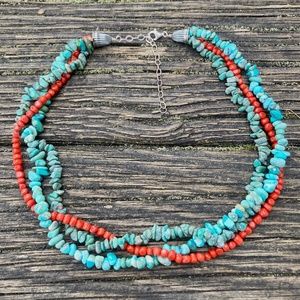 Shube Dakota West 3 Strand Turquoise Coral Sterling Silver 925 Necklace NWOT